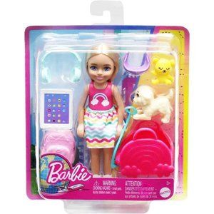 Barbie Chelsea Doll & 6 Accessories, Travel Set with Puppy, Pet Carrier